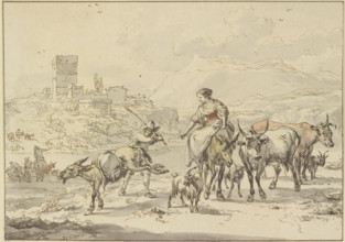 Castle ruins by a river, in the foreground a shepherdess on a donkey with cows and goats... Creator: Jan Frans Soolmaker.