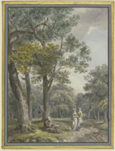 Women at a hermit's house in the Bois de Boulogne near Paris, 1791. Creator: Unknown.