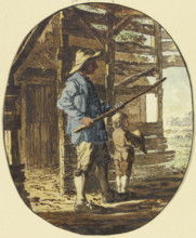 In a wooden enclosure, a man stands with a stick in a defensive posture, a boy in front of him... Creator: Steven Goble.