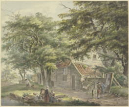 Farmhouse under trees, a man with a wheelbarrow on the left. Creator: Hermanus van Brussel.