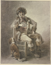 A man sits on a chair with a pipe in his hand, a dog beside him. Creator: Abraham Teerlink.
