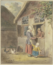 A man speaks at a front door with a woman who is being held by the apron by a child. Creator: Johannes Christiaan Janson.