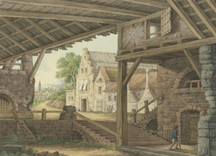 A large shed offers a view of a village. Creator: Philipp Jakob Bauer.