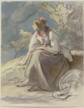 Farm girl sitting on a grass bench facing left, c1830-1872. Creator: Jakob Becker.