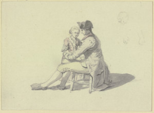 A man sitting on a chair talking to a boy. Creator: Johann Ludwig Aberli.