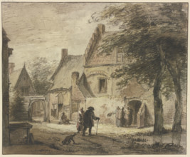 Farmstead with several figures, a dog in the foreground. Creator: Jan Hulswit.