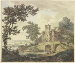 Far a bridge and several buildings, five children are bathing in the water. Creator: Hermanus Numan.