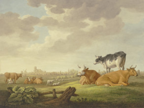 Cows and sheep in a meadow, a town in the distance, a milkmaid on the left. Creator: Aelbert Cuyp.