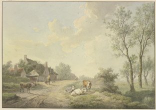 Four cows by a path near farmhouses, 1803. Creator: Abraham Teerlink.