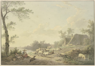 A flock of sheep by a path near farmhouses, 1803. Creator: Abraham Teerlink.
