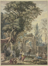 Ancient portal, a statue of Pan with altar on the left, preparations for sacrifice. Creator: Isaac de Moucheron.