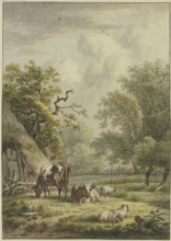 Two cows and three sheep are grazing by a hut. Creator: Jan Hulswit.