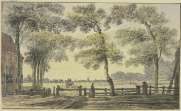 House under trees, a woman at the gate, a wagon departing outside the fenced property. Creator: Hendrik Spilman.