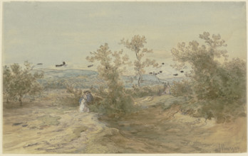 Strollers on a road through a shrub-covered plain, c1850-1905. Creator: Anton Burger.