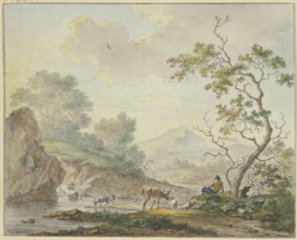 A shepherd with a cow and goats is by a waterfall. Creator: Johannes Christiaan Janson.