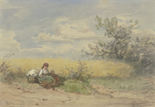 Farmer's wife with child resting in front of a ripe cornfield, c1840-1890s. Creator: Philipp Rumpf.