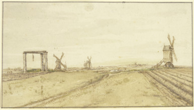 Flat landscape with windmills and gallows. Creator: Gillis Neyts.