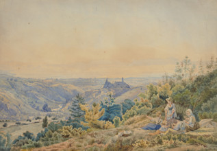 Mountainous landscape with a castle and river, a family resting in the foreground ,  c19th century. Creator: Unknown.