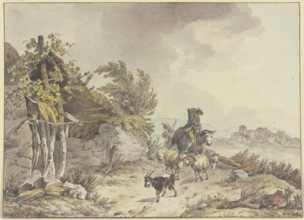 On the path next to a dilapidated thatched hut, a mounted shepherd and a peasant woman..., 1773. Creator: John Webber.