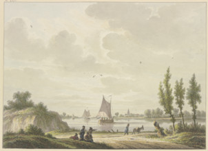 Three barges sail on a river, a man with a donkey in the foreground, four figures further to the... Creator: Nicolaas Wicart.