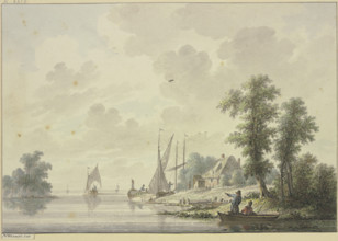 A barge lies by a farmhouse, a riverbank is visible in the foreground on the right, a boat... Creator: Nicolaas Wicart.