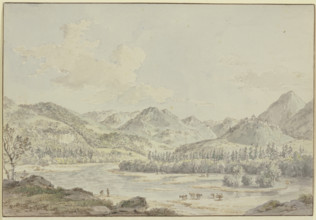 A Swiss valley with a river between fir forests; a castle on the mountain to the right, five cows... Creator: Nicolas Perignon.