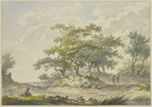 Groups of oak trees, two hikers on the right, a seated figure on the left. Creator: Hermanus van Brussel.