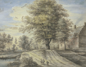 A large tree lies by a house, three figures and a dog are in the foreground, (1669?). Creator: Lucas van Uden.