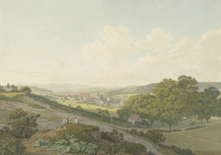 View from a hilltop of the village of St. Jakob near Basel with its pointed church steeple, 1803. Creator: Marquand Fidel Dominikus Wocher.