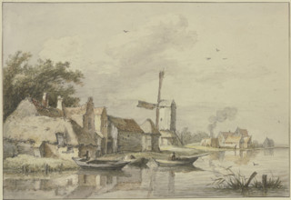 Village with a windmill by the water. Creator: Jan Hulswit.