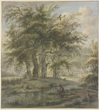 Oak forest with some huts, a fisherman in the foreground. Creator: Jan Hulswit.