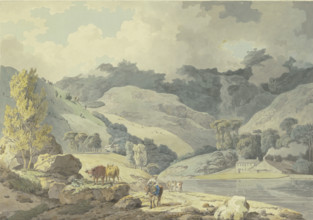 Mountain landscape, a girl on horseback on the path, two cows on the left, 1784. Creator: Francis Wheatley.