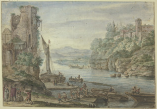 River area, old tower, ships being unloaded. Creator: Herman Saftleven the Younger.