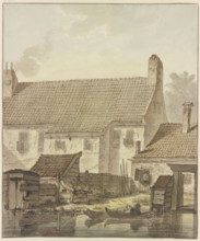 Row of houses by the water, two boats with a fisherman in front. Creator: Johannes H. Knoop.