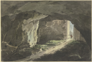 A painter walks with his drawing board into a rock cave that can be closed off by a massive gate. Creator: Jean Grandjean.