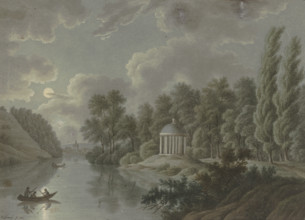 River area with a monopteros in the moonlight, 1811. Creator: T. Lamey.