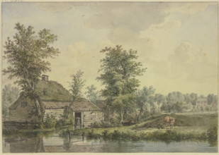 Farmhouse by the water, a cow by a wheelbarrow. Creator: Jacobus van Liender.