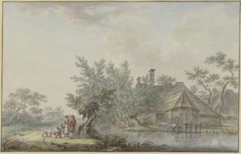 Farmstead by a body of water, a farming couple with a child and a dog by a pasture on the left. Creator: Johann Jakob Koller.