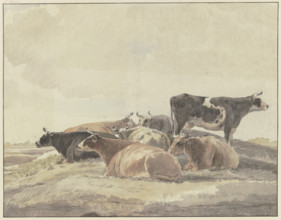 Six cows lying down and one standing on a hill. Creator: Andries Vermeulen.