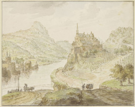 River between mountains, a monastery on a rock to the right. Creator: Cornelis Verdonck.