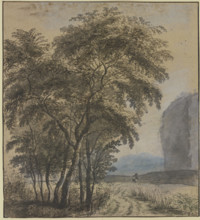 Group of trees, a rock and a man on the right. Creator: Jan Dirksz Both.