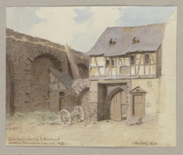 Half-timbered house leaning against a wall in Neudorf near Eltville, 1838. Creator: Carl Theodor Reiffenstein.