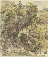 Mountain landscape with a bridge and many figures, a magnificent rock formation..., c1841-47. Creator: Johann Nepomuk Rauch.
