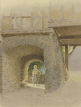 Doorway in Eppstein, through which a young woman walks, 1883. Creator: Carl Theodor Reiffenstein.