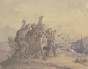 A group of musicians wanders through a landscape, mid-19th century. Creator: Victor Muller.