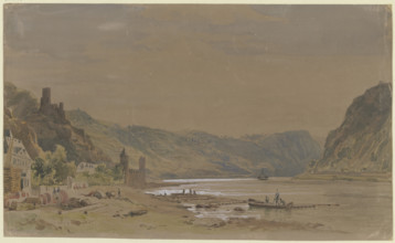 View of Sankt Goarshausen with Maus Castle, the Lorelei Rock in the background, 1853. Creator: Carl Morgenstern.