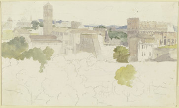 View over Rome with the Colosseum on the right, mountains in the distance, 1817. Creator: Carl Philipp Fohr.