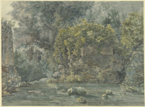 Landscape with trees and a ruined building by a stream, 18th century. Creator: Unknown.