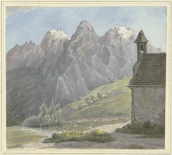 Mountain peak in the Alps, a chapel in the foreground, mid-late 19th century. Creator: Rudolf Maria Bernhard von Stillfried-Alcantara.