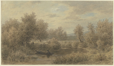 A boat with a ferryman stops at the bank (scene on the Nied River), mid-late 19th century. Creator: Jakob Maurer.